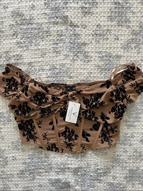 Windsor Black Flocked Floral Brown Off-Shoulder Crop Top